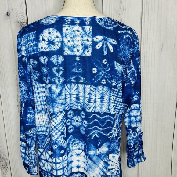 Tango Mango Blue Patterned 3/4 Sleeve V-Neck Tunic Blouse Women's Sz L India - Picture 10 of 11